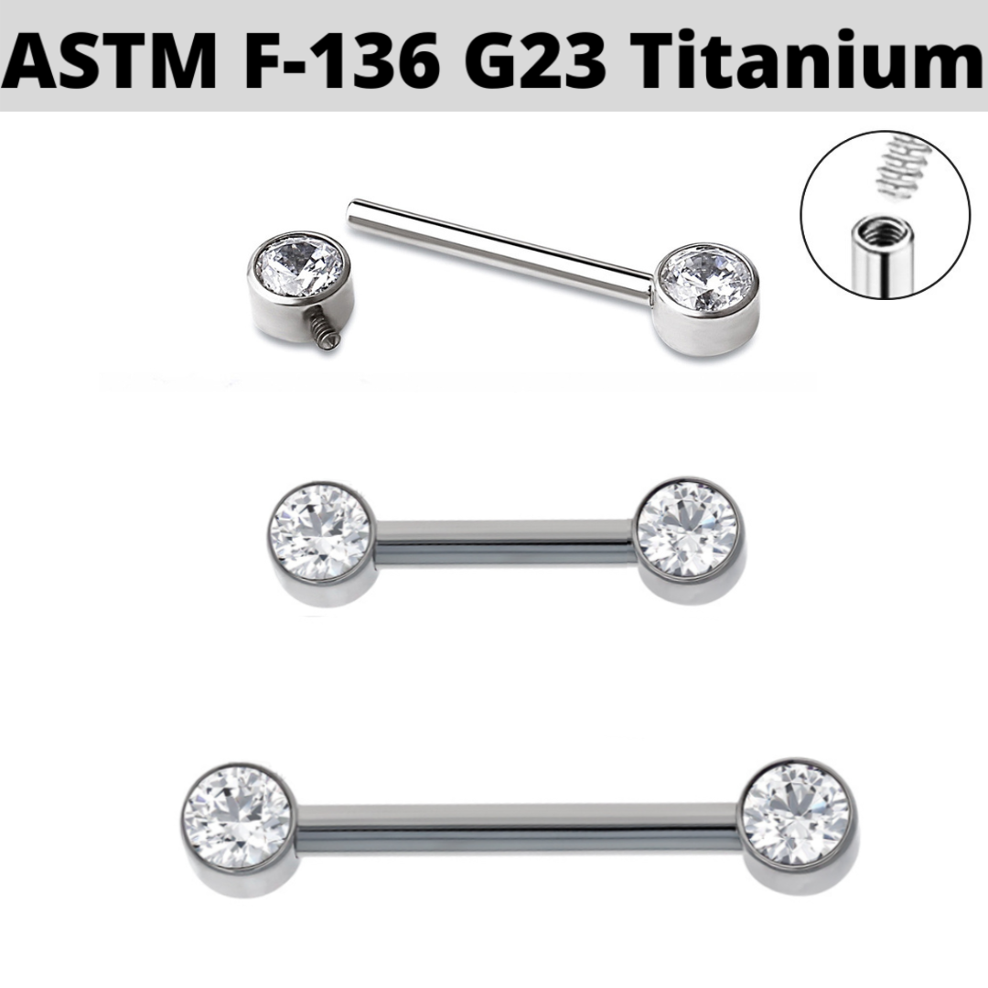 G23 Internally Threaded Titanium Flat Bezel Set CZ Front Facing Barbell