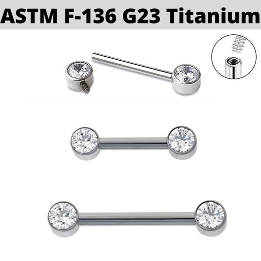 G23 Internally Threaded Titanium Flat Bezel Set CZ Front Facing Barbell