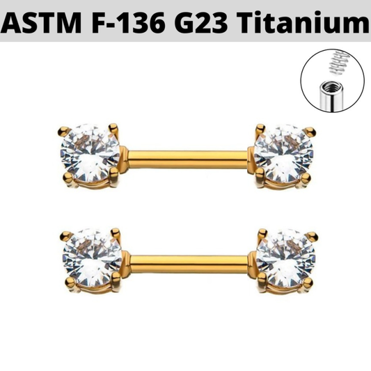G23 Internally Threaded Gold PVD Titanium Front CZ Nipple Barbell