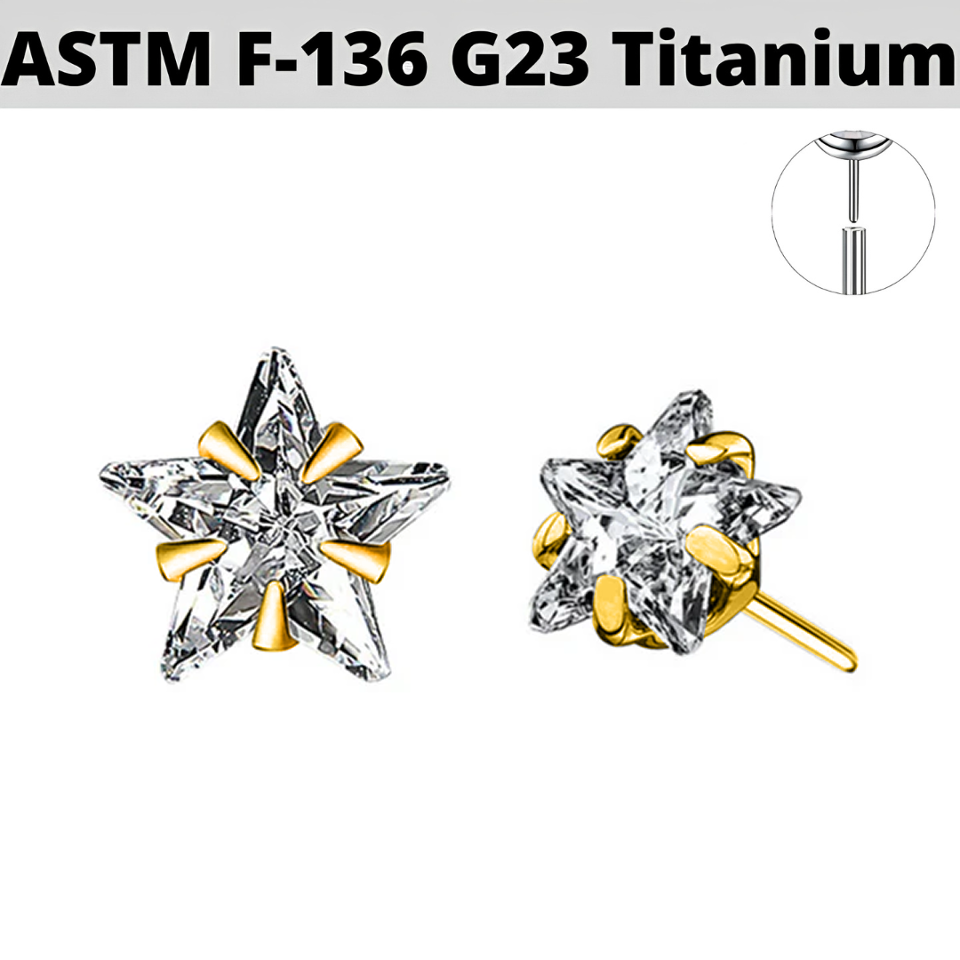 G23 Gold PVD Titanium Threadless Push In Prong Set Star CZ Top