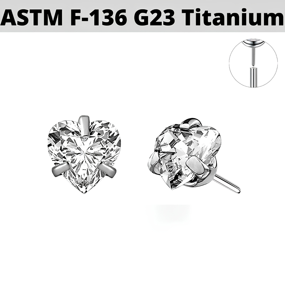 G23 Titanium Threadless Push In Prong Set Heart CZ Gem Top
