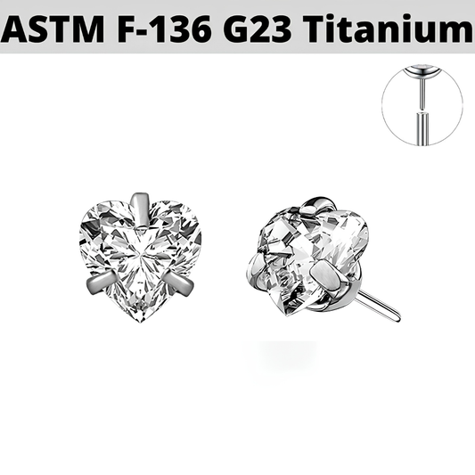 G23 Titanium Threadless Push In Prong Set Heart CZ Gem Top