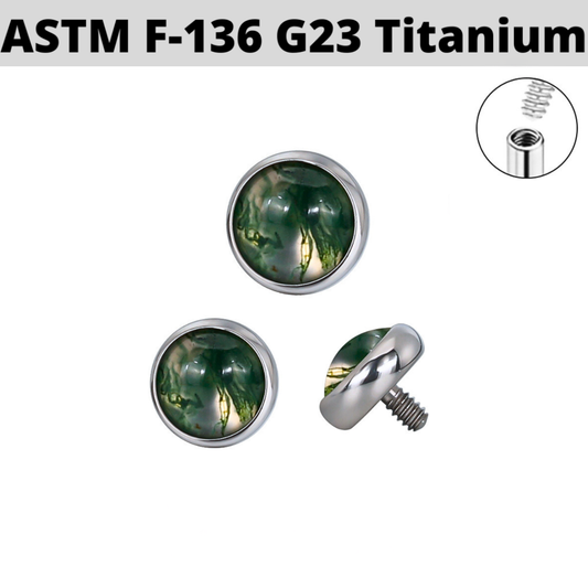 G23 Titanium Flat Moss Agate Stone Internally Threaded Top