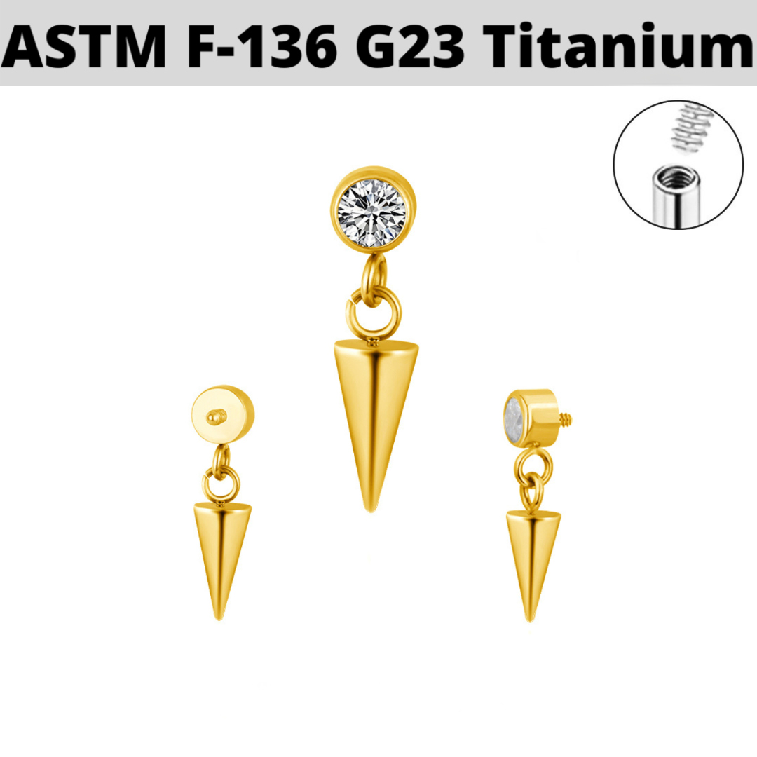 G23 Gold PVD Titanium Internally Threaded Cone Dangle CZ Top