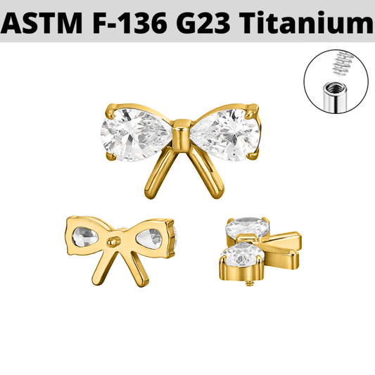 G23 Gold PVD Titanium Internally Threaded Pear CZ Ribbon Bow Top
