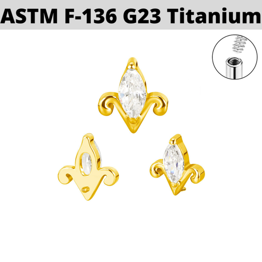 G23 Gold PVD Titanium Internally Threaded Marquise CZ Fleur De Lis Top