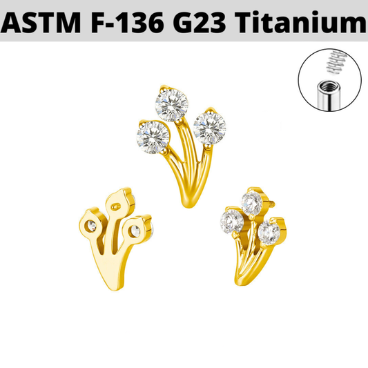 G23 Gold PVD Titanium Internally Threaded Triple CZ Bouquet Top