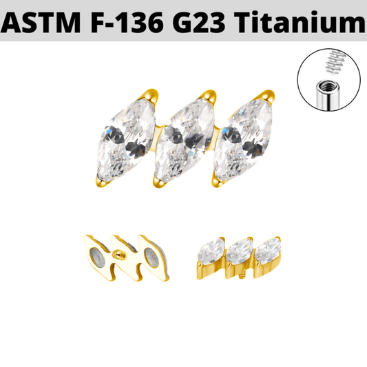 G23 Gold PVD Titanium Internally Threaded Slanted Triple Marquise CZ Top