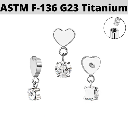 G23 Titanium Internally Threaded Heart Dangle CZ Top