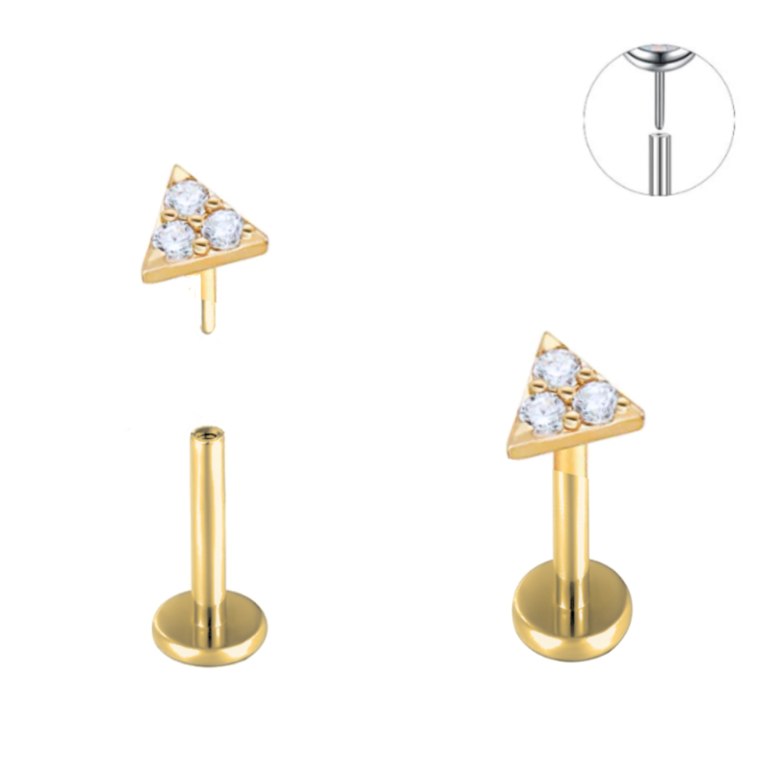 Gold Ion Plated Steel Threadless Push In Triangle CZ Tragus Labret