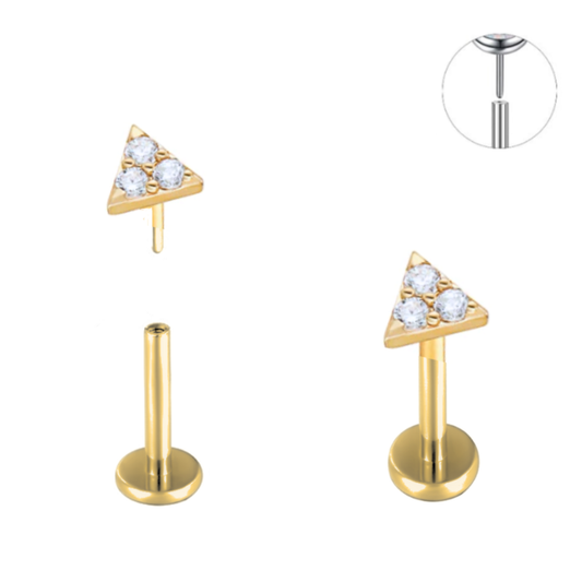 Gold Ion Plated Steel Threadless Push In Triangle CZ Tragus Labret
