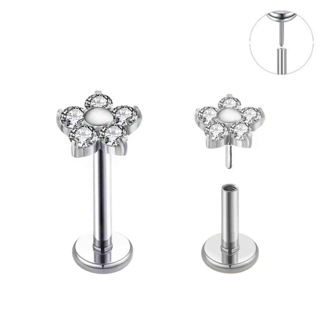 Steel Threadless Push In 5 CZ Petal Flower Labret