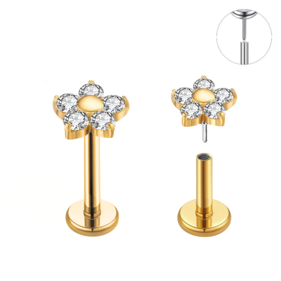 Gold Ion Plated Steel Threadless Push In 5 CZ Petal Flower Labret