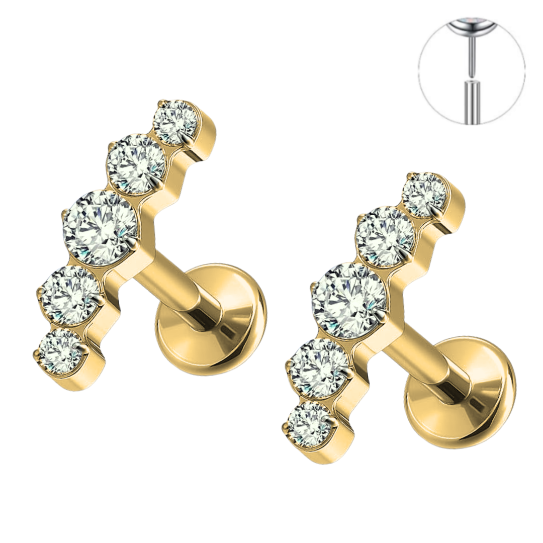 Gold Ion Plated Steel Threadless Push In 5 CZ Cluster Labret