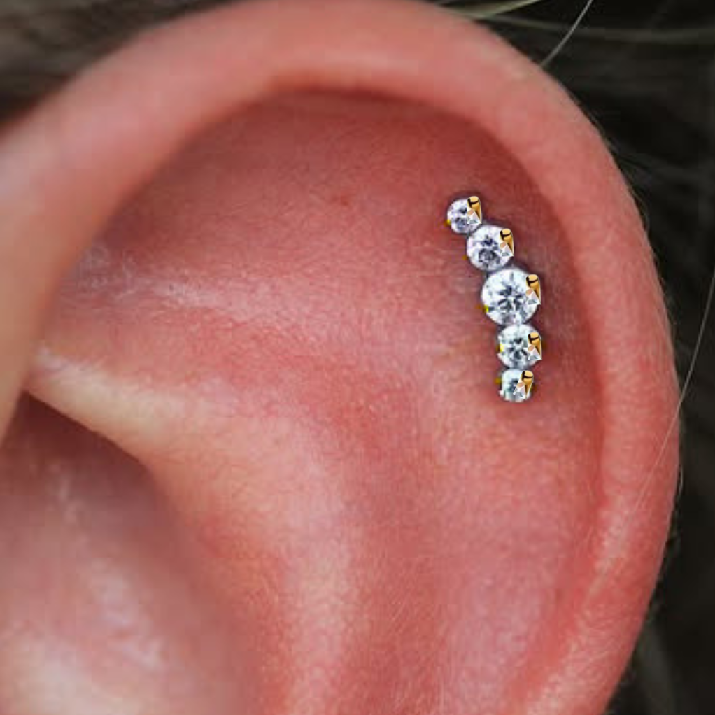 Gold Ion Plated Steel Threadless Push In 5 CZ Cluster Labret