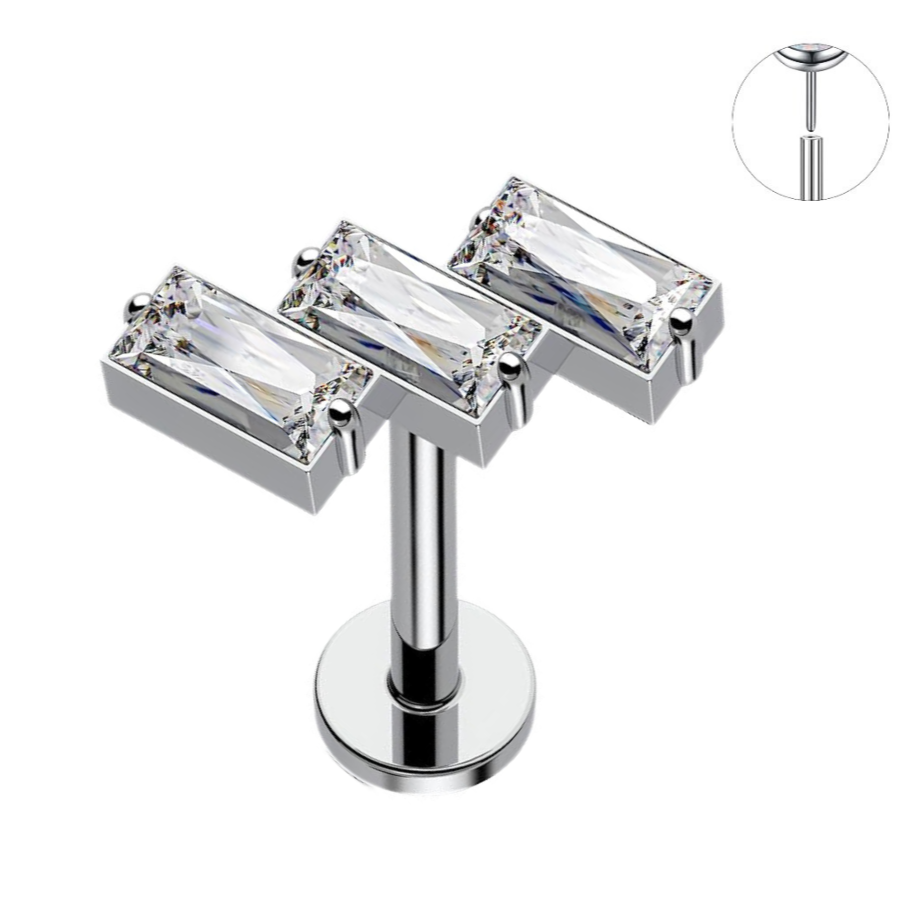 Steel Threadless Push In 3 Slanted Baguette CZ Labret