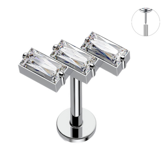 Steel Threadless Push In 3 Slanted Baguette CZ Labret