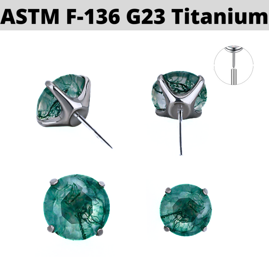 G23 Titanium Threadless Push In Prong Set Moss Agate Stone Top