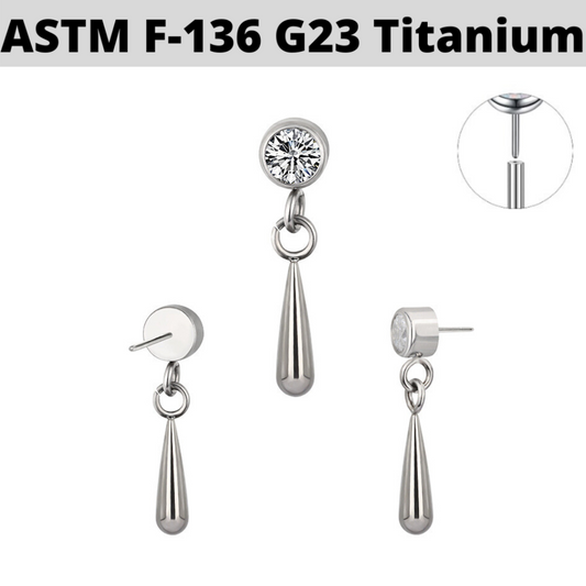 G23 Titanium Threadless Push In Bezel Set CZ Dangle Teardrop Top