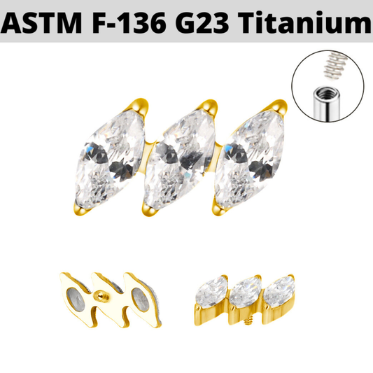 G23 Gold PVD Titanium Internally Threaded Slanted Triple Marquise CZ Top