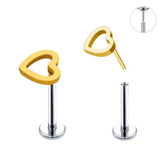 Gold Ion Plated Top Steel Threadless Push In Hallow Heart Labret