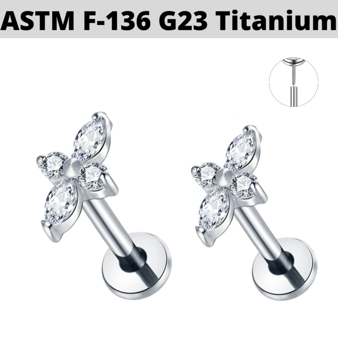 G23 Titanium Threadless Push In Marquise CZ Long Flower Labret