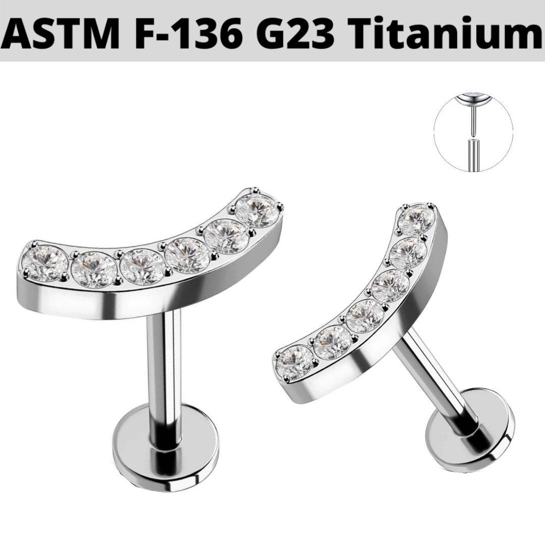 G23 Titanium Threadless Push In Curved Bar 6 CZ Tragus Labret