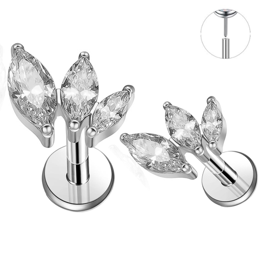 Steel Threadless Push In Curved Triple Graduated Marquise CZ Labret