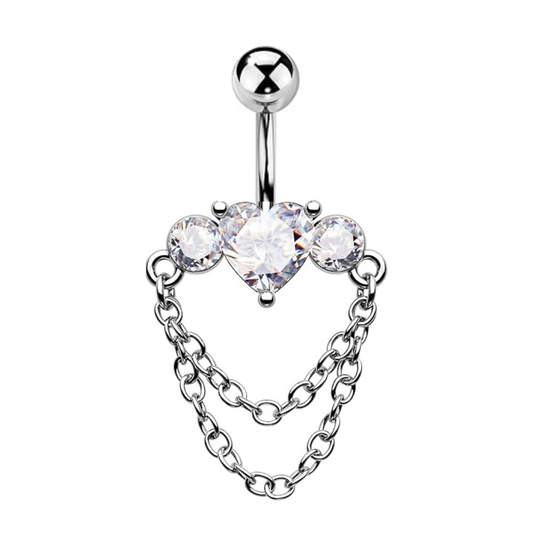 Heart CZ Dangle Double Chains Belly Ring