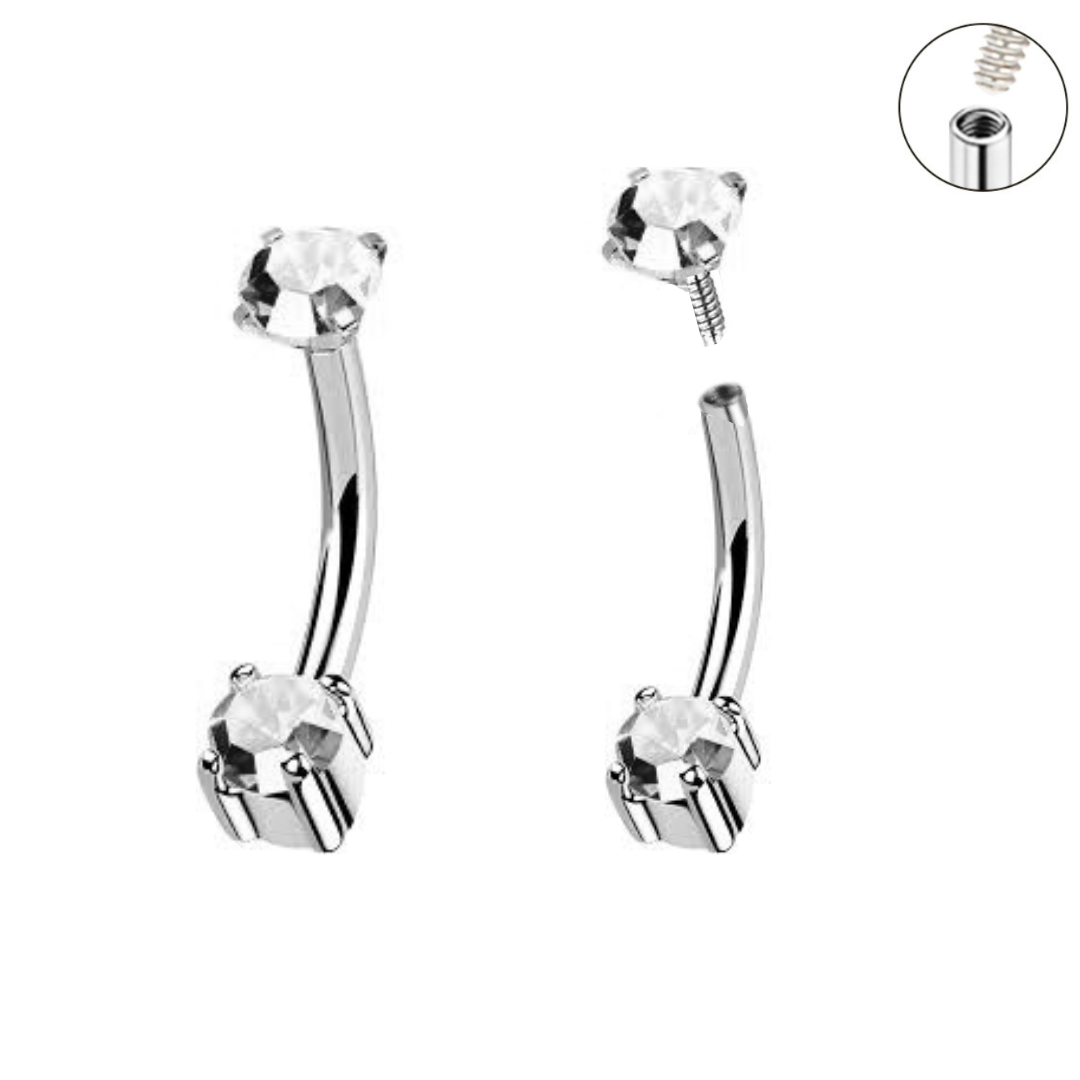 Internally Threaded Front Facing Prong Set Double Gem Curved Barbell