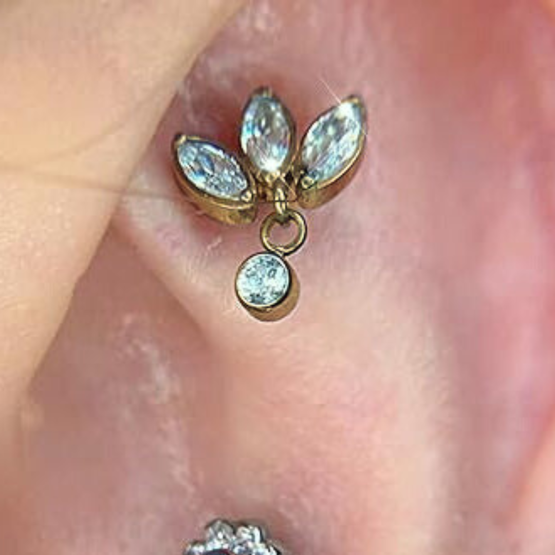 Gold Ion Plated Steel Threadless Push In 3 Marquise Fan Dangle CZ Labret