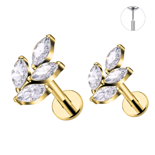 Gold Ion Plated Steel Threadless Push In Marquise CZ Leaf Tragus Labret
