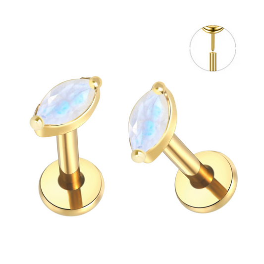 Gold Ion Plated Steel Threadless Push In Moonstone Marquise CZ Labret