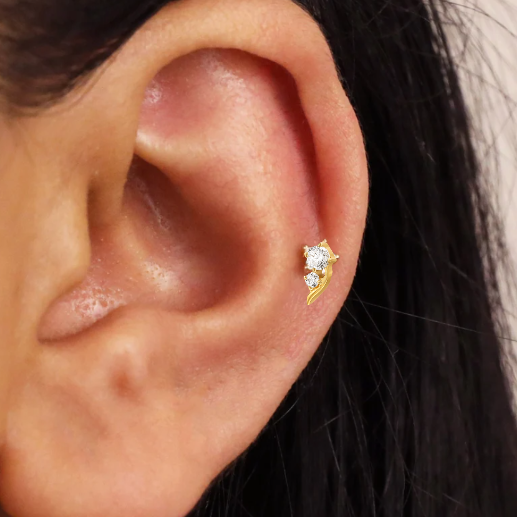 G23 Gold PVD Titanium Internally Threaded 2 CZ Floral Labret