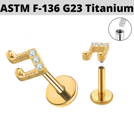 G23 Gold PVD Titanium Internally Threaded CZ Music Note Labret
