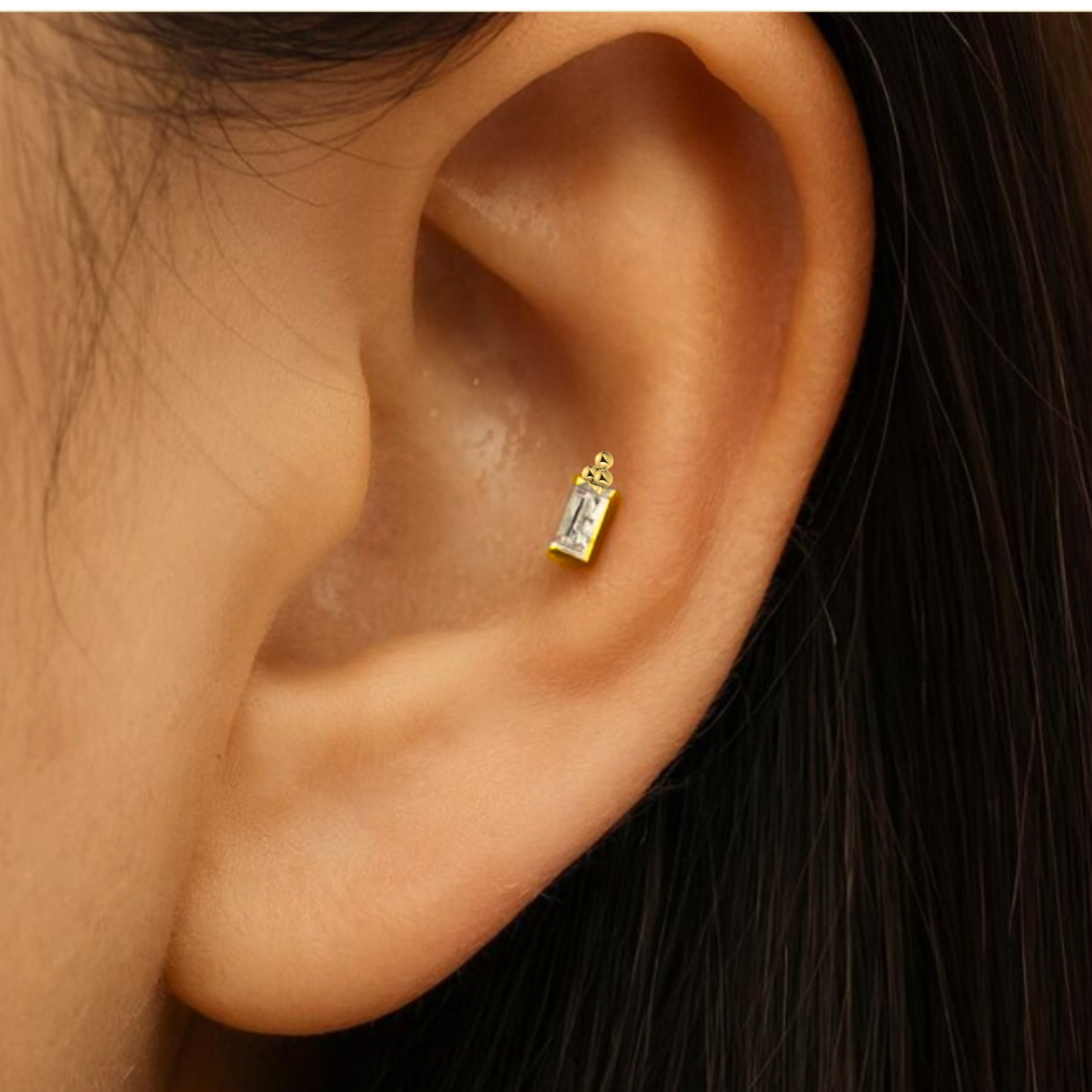 G23 Gold PVD Titanium Internally Threaded Beaded Baguette CZ Labret