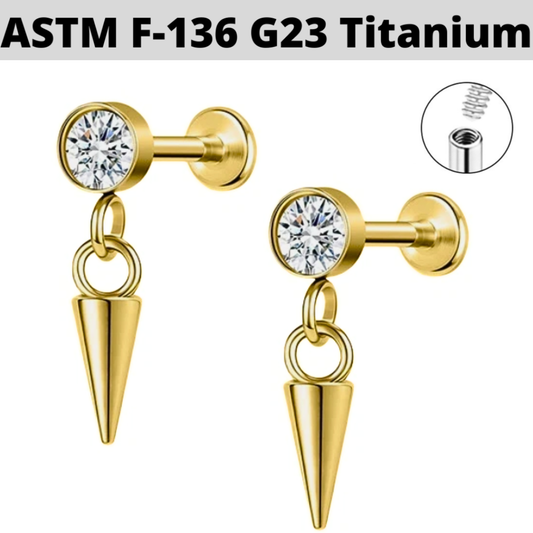 G23 Gold PVD Titanium Internally Threaded CZ Dangle Cone Labret