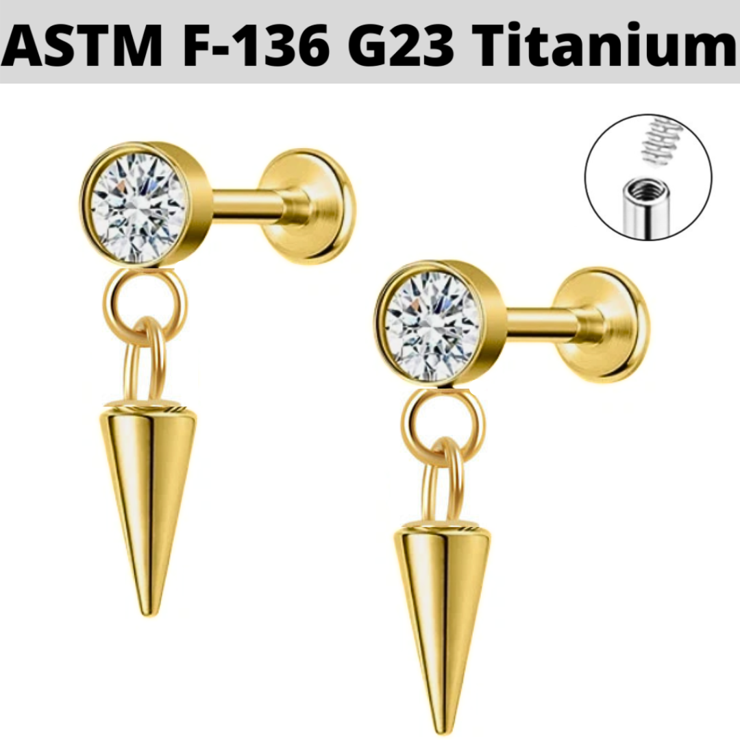 G23 Gold PVD Titanium Internally Threaded CZ Dangle Cone Labret