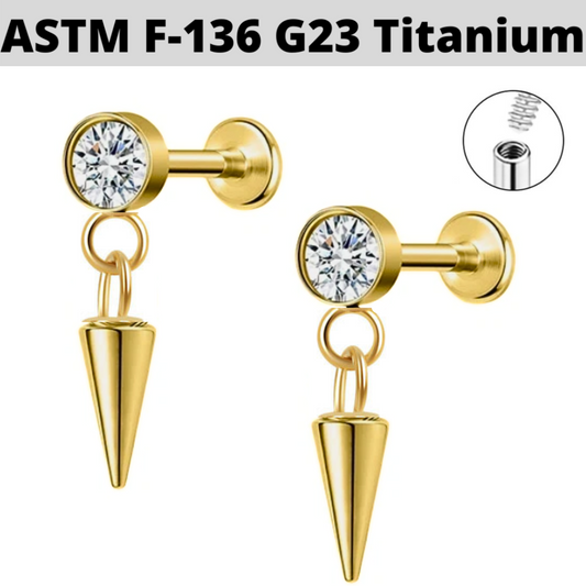G23 Gold PVD Titanium Internally Threaded CZ Dangle Cone Labret