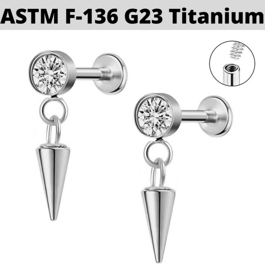 G23 Titanium Internally Threaded CZ Dangle Cone Labret
