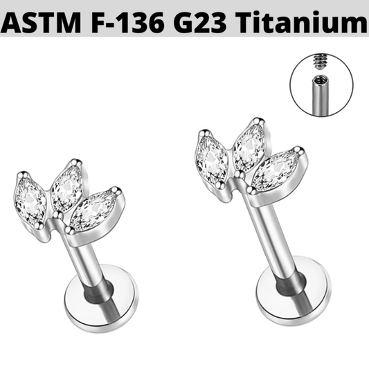 G23 Titanium Internally Threaded Bezel Set 3 Marquise Fan CZ Tragus Labret
