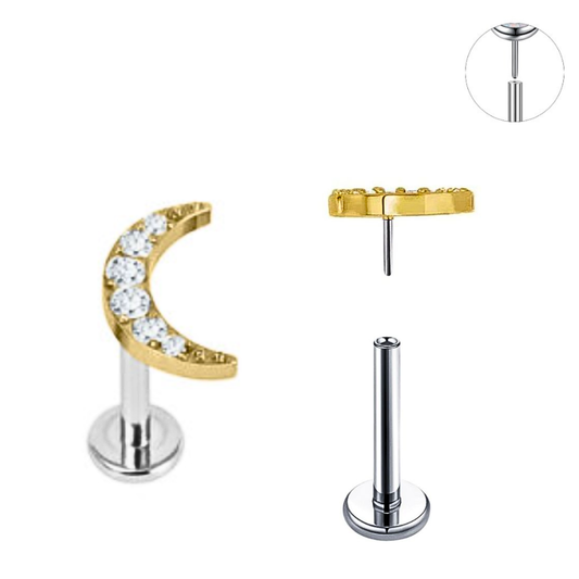 Gold Ion Plated Top Steel Threadless Push In CZ Moon Tragus Labret