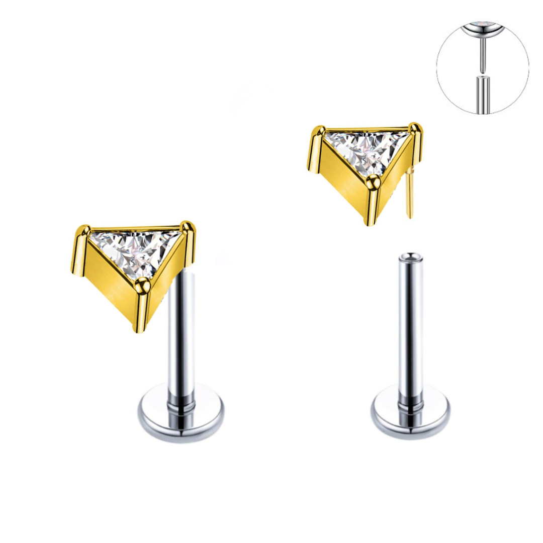 Gold Ion Plated Top Steel Threadless Push In Triangle CZ Tragus Labret