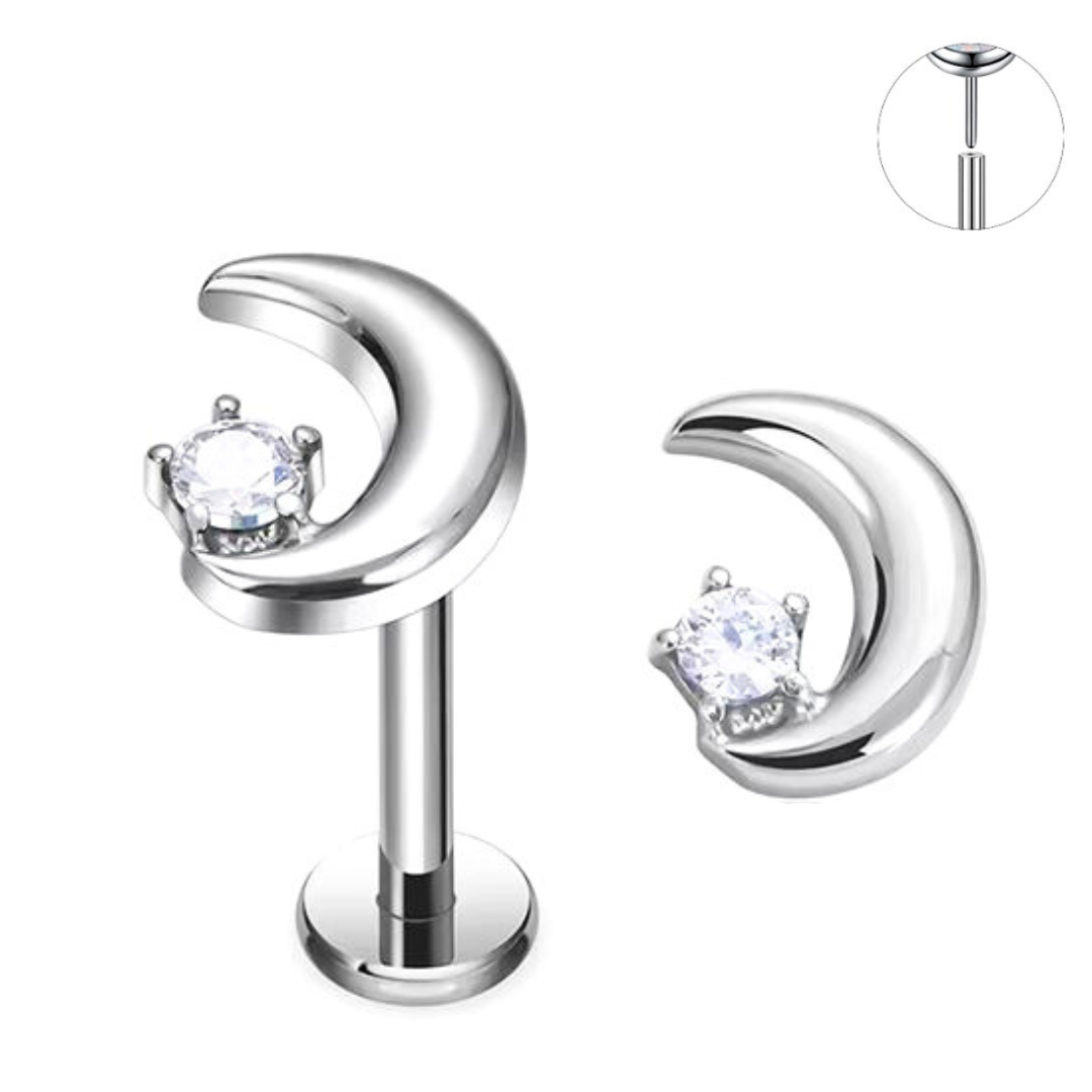 Steel Threadless Push In Half Moon Prong Set CZ Tragus Labret