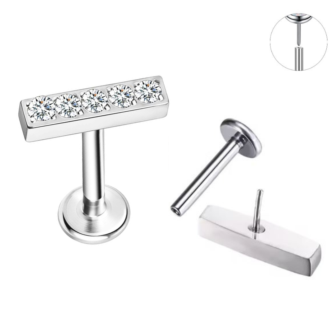 Steel Threadless Push In 5 CZ Straight Bar Tragus Labret
