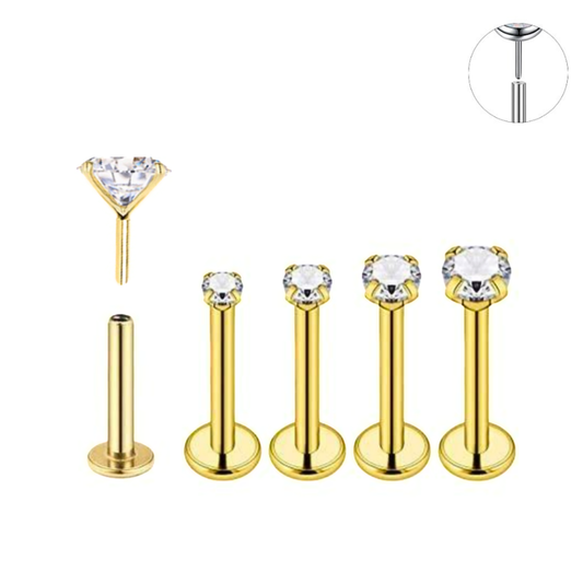 20G Gold Ion Plated Threadless Push CZ Prong Set Tragus Labret