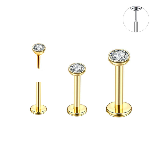 16G Gold Ion Plated Threadless Push In CZ Tragus Labret