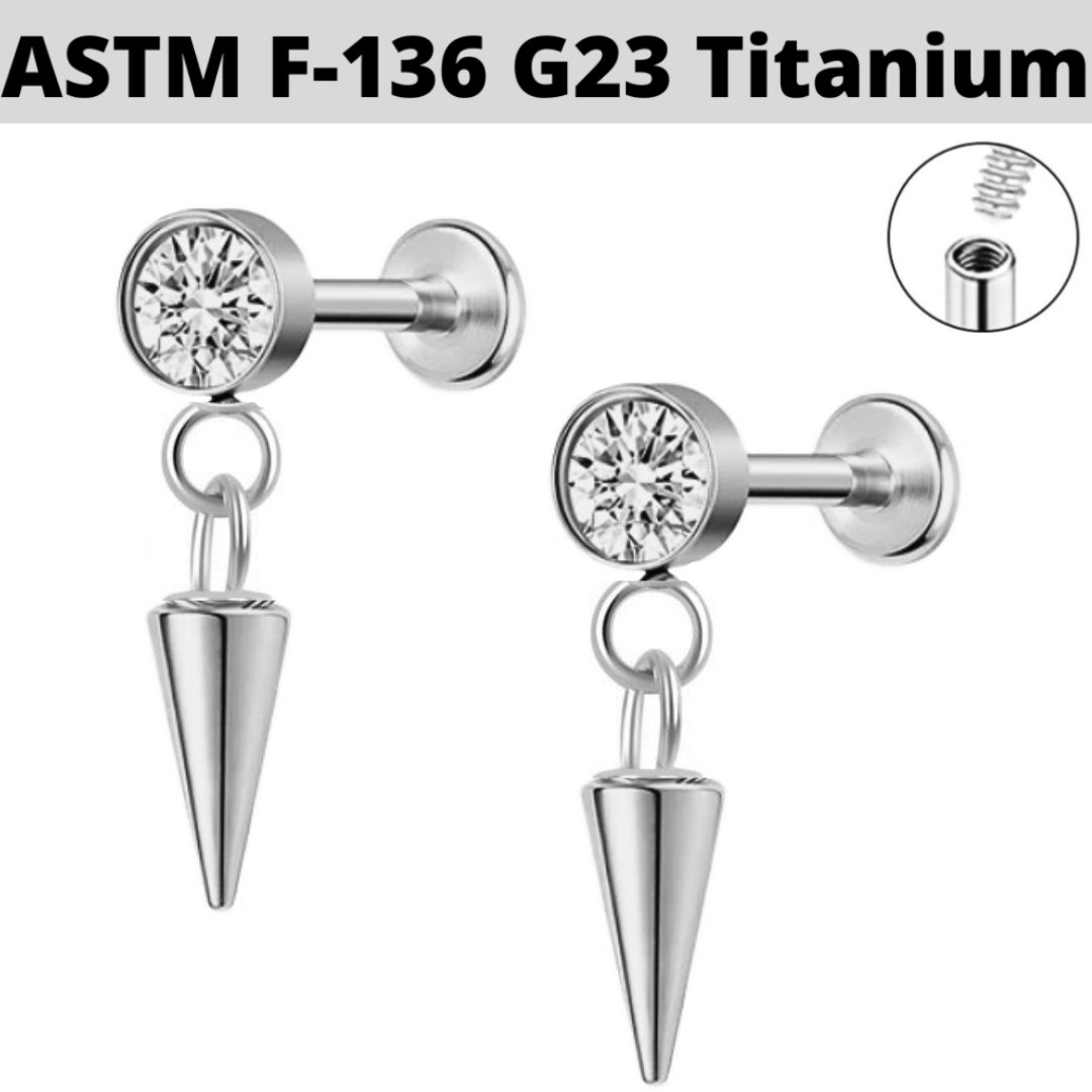 G23 Titanium Internally Threaded CZ Dangle Cone Labret