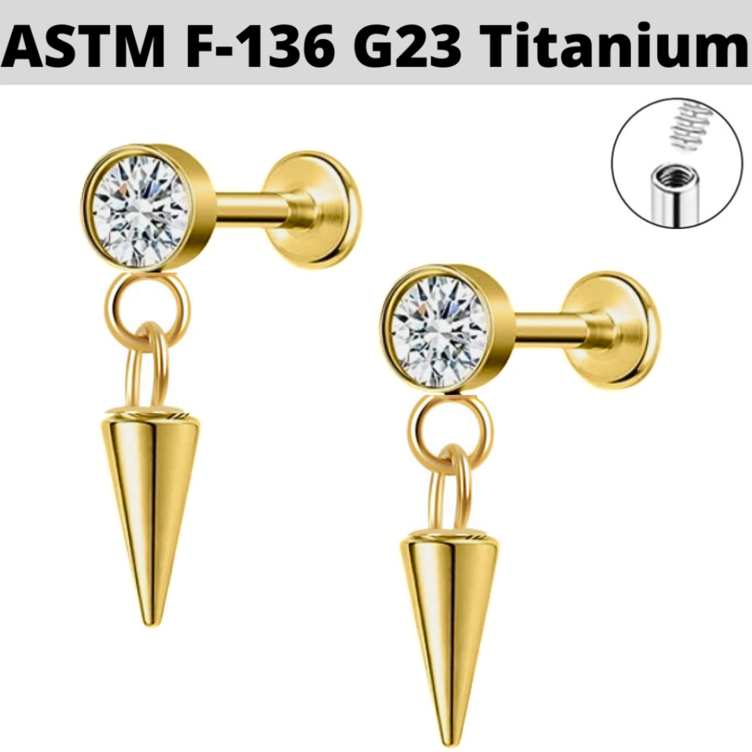 G23 Gold PVD Titanium Internally Threaded CZ Dangle Cone Labret