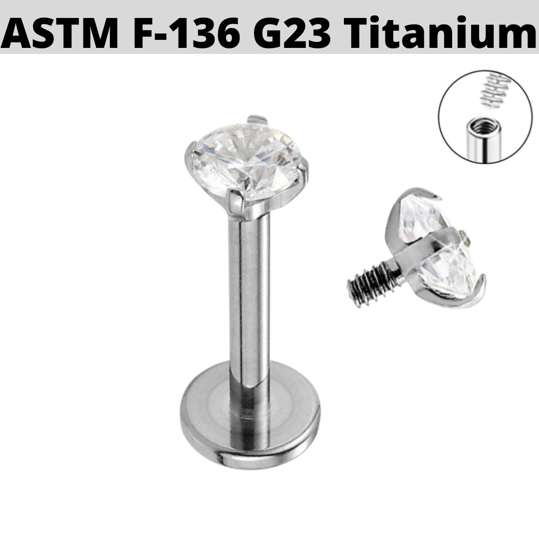 G23 Titanium Internally Threaded CZ Prong Set Tragus Labret